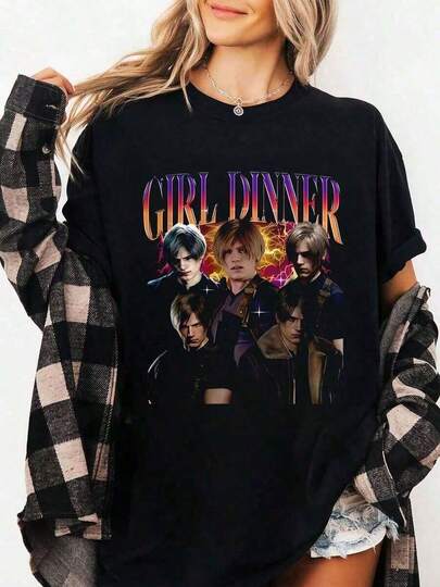 Camisetas de verano Topviral para mujer, camiseta pirata de Leon S. Kennedy, camiseta de gaming hecha de algodón de 220g, camiseta deportiva de manga corta con estampado GIRL DINNER y cuello redondo, atuendo de verano para mujer,% algodón, imprescindible para el festival.