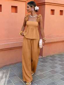 Two-Piece Set With Ruffled Tube Top And Pants - Versatile For Casual/Office/Vacation Wear (Spring And Summer, Regular Sizes) - Orange - View 7