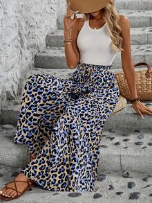 Pantalones de Pierna Ancha con Cintura Elástica y Estampado para Mujer - Estampado de leopardo azul - Ver 4