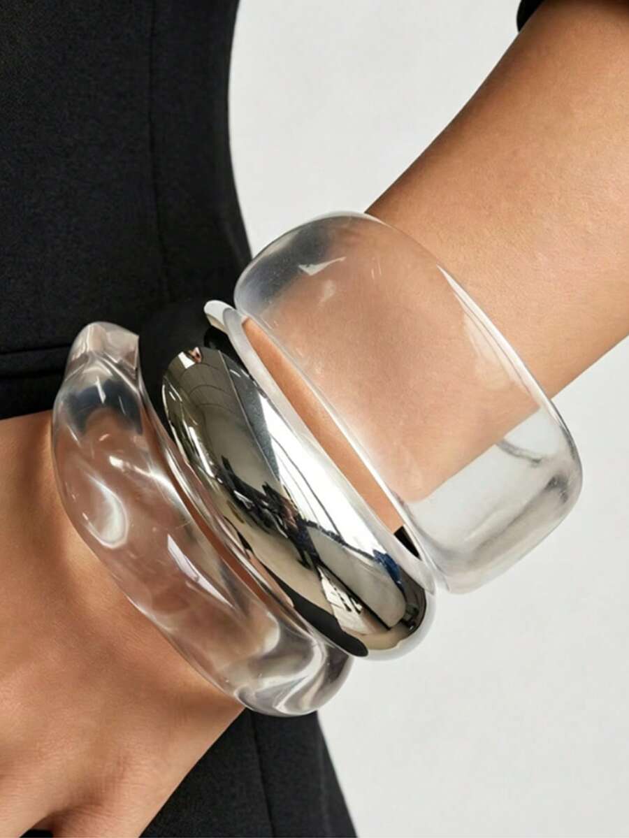 Brazalete asimétrico de resina transparente con diseño geométrico, pulsera de aleación para mujer - Multicolor - Ver 1