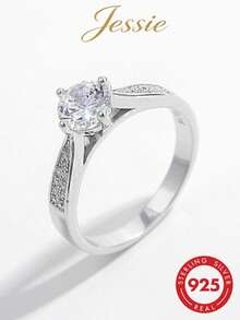 Jessie Jewelry 1pc Elegant Romantic 925 Sterling Silver Cubic Zirconia Round Main Stone Ring, Dating Wedding Engagement Gift - Silver - View 2