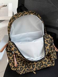 Retro American Baddie Style Deep Brown Leopard Print Backpack, Front Pocket With Bow Tie Design, Side Zipper Pocket, Large Capacity Versatile, Student Commute Travel Casual Backpack - Multicolor - View 6
