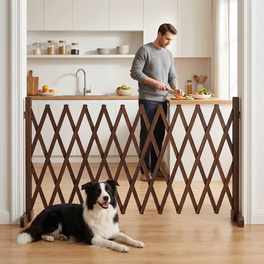 Senmeo 35.4in Extendable Pet Gate, Multifunctional Wooden Fence, Plant Climbing Frame, Indoor/Outdoor Fence Partition, Fence Decorations Outdoor, Garden Fencing, Versatile Divider, Holiday Decorators - Gỗ óc chó 35,4 inch + 4 cọc - Xem 1
