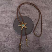 1pc Turquoise Pentagram Retro Leather Cord Necklace, American Western Cowboy Style - Turquoise Pentagonal Vintage Leather Collar Rope Necklace - View 4