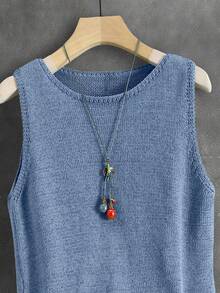Women's Solid Color Knit Vest, Retro Japanese Style Layering Casual Short Cardigan, Versatile For Summer Vacation, Autumn, Spring - Blue - View 7