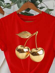 Women's Cherry Print Short Sleeve T-Shirt, Ideal For Holidays, Spring And Resort Wear - Vintage Street Style Unisex Cotton Short Sleeve Crew Neck T-Shirt - 紅色的 - 查看 4