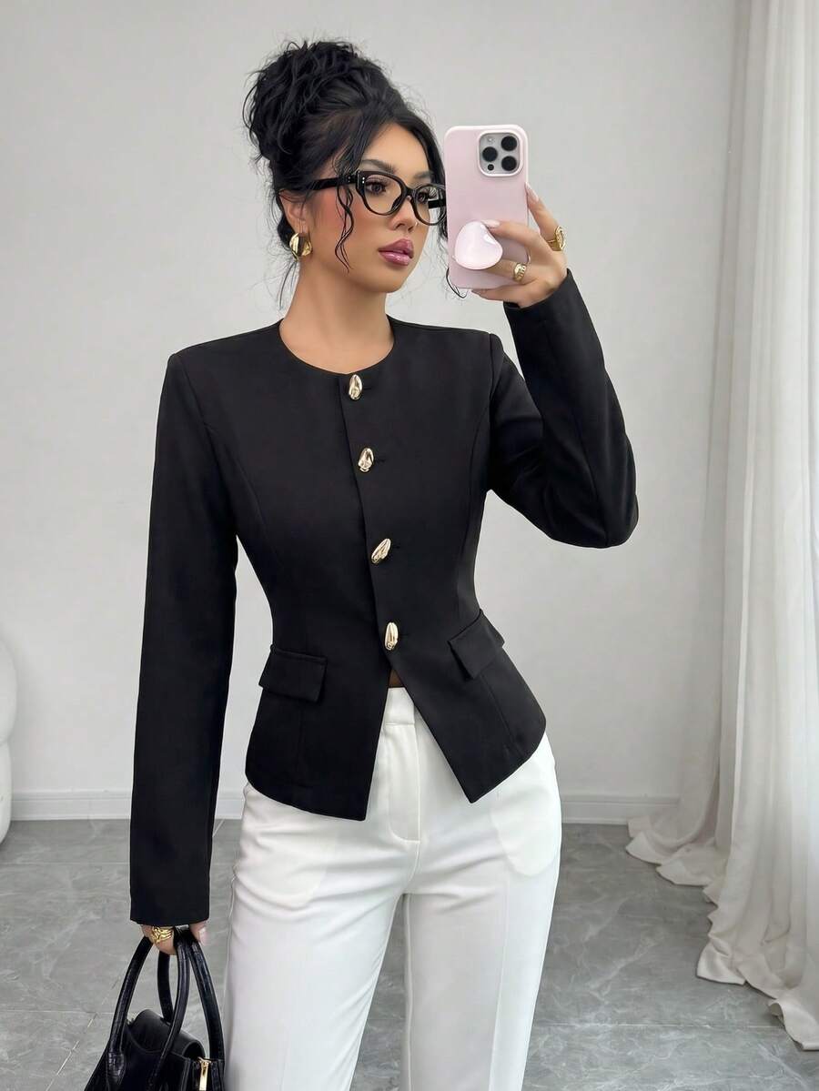 女款時尚長袖圓領針織面料夾克,標準長度,獨特鈕扣裝飾,打造時尚優雅造型,黑色 - 黑色 - 查看 1