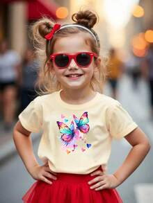 Corazones de Mariposa con Estampado de Patrón Colorido Camiseta estampada para niños - Albaricoque - Ver 9