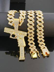Men's Hip Hop Gun Pendant Jewelry Set, Cuban Chain Bracelet & Watch 1 Set, 15mm Diamond Street Style Shiny Set, Men's Gift, Suitable For Party & Birthday - Gun Pendant Necklace Set - View 9