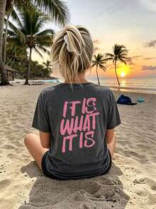Plus Size Women "It Is What It Is" Letter Print Casual Round Neck Short Sleeve T-Shirt, Reversible Design, Fashion Top, Suitable For Summer, Women's Apparel - Dark Grey - View 9