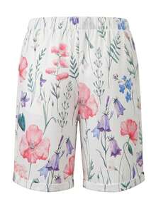 Plus Size Women Floral Print Drawstring Shorts With Pockets, Suitable For Summer Holiday And Daily Wear Pink - Pink - View 3