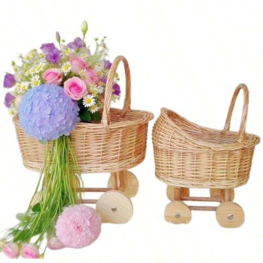 AWoven Rattan Shaped Flower BasketHandwoven Wicker Carriage Planter for Floral Arrangements Home Decor Wedding Centerpiece Table Decor Gift Basket with Wheels M - color primario - Ver 1