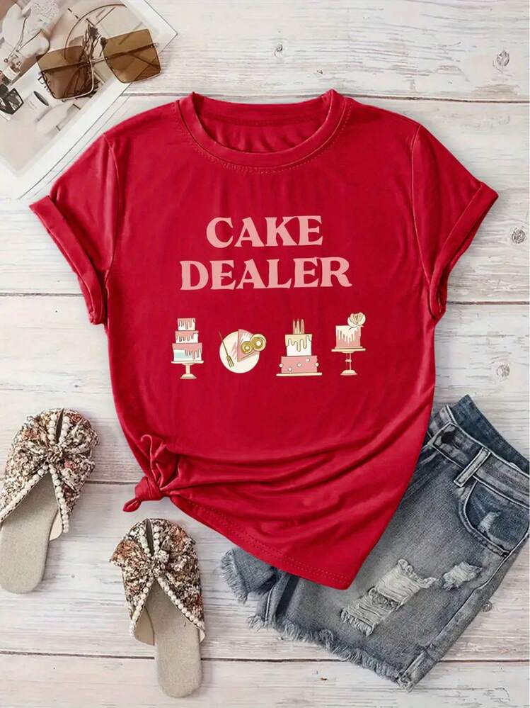 [Latest Model] Cake Dealer Print T-Shirt, Basic Casual Crew Neck T-Shirt, Short Sleeve T-Shirt For Spring/Summer Vacation, Women's Sportswear, New Women's Clothing, Machine Washable - 紅色 - 查看 1