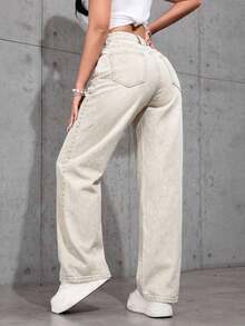 Women's Pocketed Wide Leg Relaxed Casual Denim Jeans - Màu Khaki - Xem 2