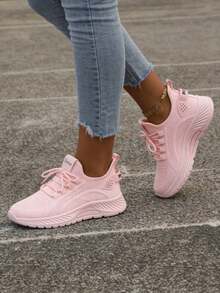 2025 New Women Solid Color Lace-Up Slip-On Sneakers, Wear-Resistant EVA Insole Tennis Shoes For Sports Hiking Autumn Winter Daily Wear - 淺粉色 - 查看 5