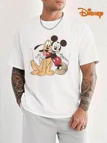 Disney Men's Casual T-Shirt, Mickey & Pluto Hug Print, Nostalgic Design, Relaxed Fit, Ideal For Disney Fans & Casual Wear - trắng - Xem 2