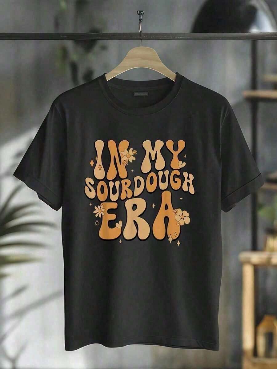 1 Piece, 100% Cotton, Funny "In My Sourdough Era" T-Shirt For Bread Lovers, Short Sleeve T-Shirt For Men And Women, Casual Graphic Tee, 180g, 100% Cotton. - 黑色 - 查看 1