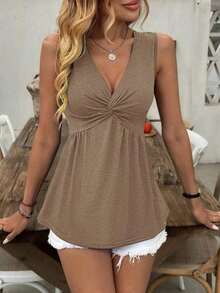 Camiseta sin mangas con cuello en V y retorcido delantero arrugado, para mujer, de verano - Caqui - Ver 6