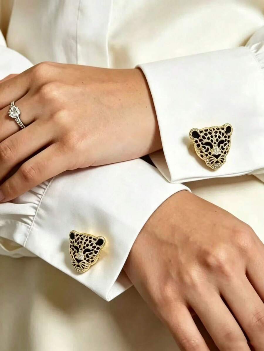 2pcs Leopard Print Shirt Buttons, Floral Sleeve Clips, Suitable For Dresses, Weddings, Formal Gowns, Fashion Accessories Gifts - Gold - View 1