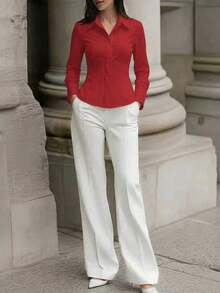 1 pieza Camisa de manga larga de ajuste delgado, elegante y casual con botones de un solo color, adecuada para la oficina, el hogar, el uso diario y las citas, todo el año, color blanco primaveral - Rojo - Ver 2
