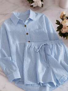 Conjunto de camisa y pantalones cortos a rayas azules y blancas para mujer, conjunto informal y holgado para vacaciones de verano - Azul y blanco - Ver 2