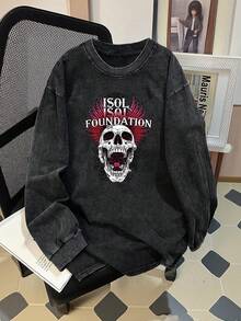 Sudadera de manga larga con cuello redondo para hombre, con estampado retro de calaveras y alas, lavada y desgastada, duradera y lavable a máquina, cómoda, transpirable y elegante, adecuada para ambientes urbanos, modernos, retro y casuales. - Negro - Ver 7
