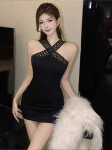 Autumn And Winter New Style Hollow String Inner Dress Women's High-End Light Luxury Sexy Pure Bucket Desire Hot Girl Hip Cover Short Skirt - Black - View 6
