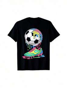 Men's Black Sports Shirt With Soccer Ball And Shoe Design - Breathable, Moisture-Wicking Fabric For Soccer Training, Matches, And Casual Wear - Casual Sports Shirt For Men And Women, Valentine's Day Outfit | Exquisite Design | Loose And Comfortable | Easy To Match | - 黑色 - 查看 2