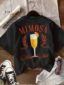 [Double Side Print] Women's Casual Summer Top, Vintage Leaf Print, MIMOSA SAY BRUNCH Social, Pure Cotton Printed Crew Neck Short Sleeve T-Shirt [LingK] Spring Outfit, Cotton T-Shirt - 黑色 - 查看 2