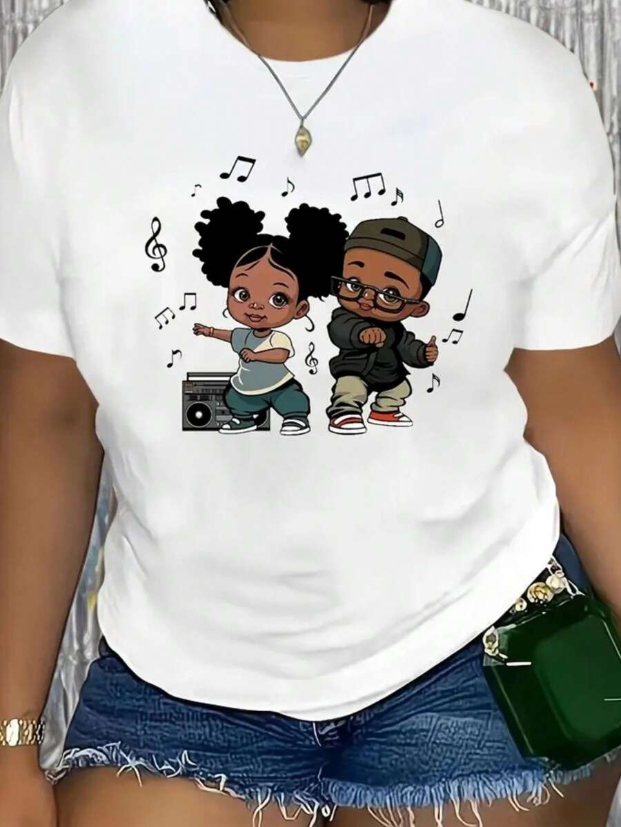 Camiseta amarilla vibrante con patrones de caricaturas y notas