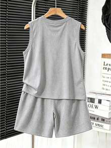 2pcs/Set Teen Boy Basketball Outfit Ink Splat Player Silhouette Print Tank Top And "23" Shorts Casual Outfit Summer Casual Wear Outfit - Grey - View 2