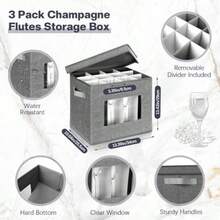 Norme - Paquete de 3 cajas de almacenamiento para copas de vino con divisores 12 compartimentos caja de almacenamiento de vajilla de champaña con mango de tapa ventana organizador de contenedores - Gris - Ver 3