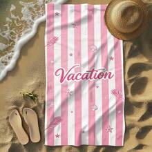 1pc Oversized Soft Pink & White Vertical Stripe Design With Starfish, Shell & Palm Leaf Elements, Romantic Vacation Slogan Lettering, Atmospheric - A01 - View 6