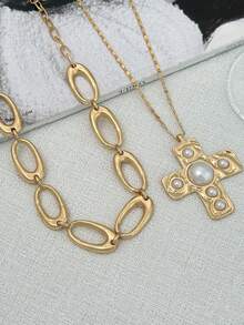 Bộ 2 dây chuyền hai lớp ngọt ngào và cá tính, mặt dây chuyền hình thánh giá đính ngọc trai bằng kim loại, thích hợp làm quà tặng ngày lễ, đa năng, phù hợp để đeo hàng ngày cho các cô gái ngọt ngào và sành điệu. - Bộ 2 món - Xem 5