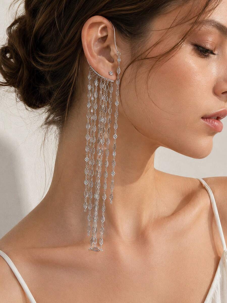 STONEFANS 1pc Tassel Ear Cuff Earrings, Elegant Earrings For Pierced Ears - Silver Right - View 1