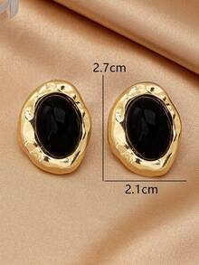 1 Pair European And American Fashion Elegant New Classic Black Oval Inlaid Asymmetrical Shape Earrings, Versatile And - Multicolor - View 7