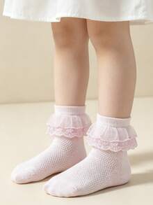 5 Pasang Kaos Kaki Dansa Katun Bernapas Berbahan Jala Warna Polos untuk Anak Perempuan, Kaos Kaki Kasual Gaya Putri dengan Hiasan Renda untuk Balita - Baby Pink - View 6