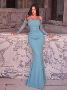Faeriesty Off-The-Shoulder Ruffle Maxi Dress - Sheer Lace Sleeves, Suitable For Romantic Dates, Anniversary Celebrations, And Formal Dinners Wedding Party - Dusty Blue - View 6