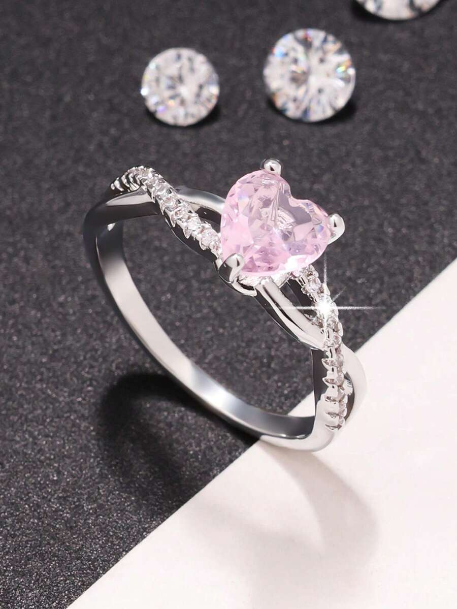 1件優雅精緻閃耀浪漫心形立方鋯石女戒,閃爍十二款誕生石,適合情人節、生日、週年紀念,生日禮物,適用於婚禮、訂婚、求婚 - 粉色 - 查看 1