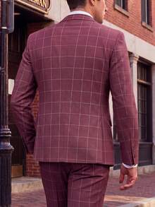 Mens 3 Pieces Suit Set Plaid Slim Fit  Checked Casual Tuxedo Formal Suits For Men Wedding Business Party Blazer Vest Pant - Burgundy - View 3