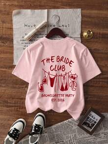 1件女款夏季寬鬆休閒短袖T恤，Bride Club裝飾蝴蝶結The Bride Club英文印花圖案粉色上衣 - 粉色 - 查看 5