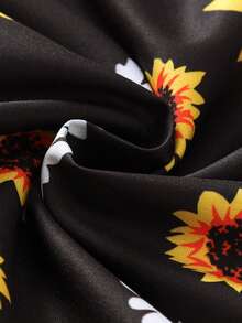 Girls' Summer Solid Color Patchwork Daisy Print Button Decor Casual Dress, Youthful And Stylish Girl Outfit - Black - View 7