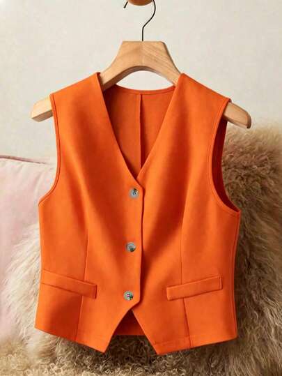 Bộ đồ nữ thanh lịch không tay cổ chữ V, áo vest cài nút phía trước, phù hợp cho mọi mùa.