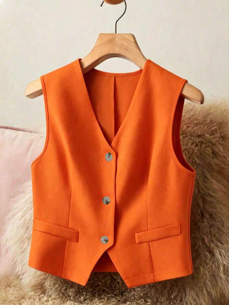 Bộ đồ nữ thanh lịch không tay cổ chữ V, áo vest cài nút phía trước, phù hợp cho mọi mùa.