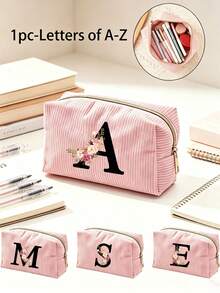Customized A-Z Letter Corduroy Pencil Case, Customized Initial, Back To School Essential Pencil Bag, Valentine's Day Gift Makeup Bag, Ramadan Gift Choice, Large Capacity Travel Cosmetic Organizer (Smooth Zipper), Fresh And Cool Pink & White Letter Print Design, Lightweight And Foldable, Portable And Easy To Store, Thoughtful Gift For Girlfriend/Bridesmaid, Durable Toiletry Organizer For Home And Travel, Popular Back To School Gift - Multiple Styles - View 2