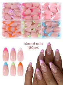 180 unidades (6 estilos sortidos) de unhas postiças em formato amêndoa, adesivos para manicure francesa em cores macaron, conjunto de unhas postiças acrílicas, inclui 1 gel e 1 lixa de unha. - Multicolorido - Ver 3