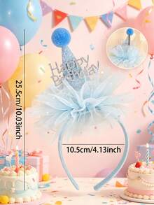 1件装生日快乐蓝色薄纱发箍，镶钻生日帽发箍，时尚发饰，节日装饰礼物（女孩适用） - 彩色 - 查看 4