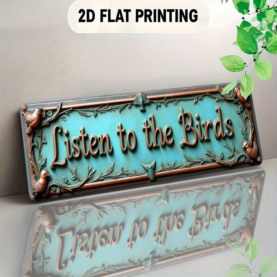 1pc Vintage Turquoise Green & Gold Decorated "Listen To The Birds" Metal Wall Decor Sign, Rustic Farmhouse Decor With Leaf Branches And Bird Letters - Includes Easy Installation Hardware, Suitable For Home, Office, Cafe, Christmas And Housewarming Gifts - Durable Art Panel, Soft Green And Gold Tones, Vintage Room Decor, 2D Flat, Perfect For Room Decoration