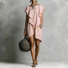 Women's Linen Blend Mini Dress, Boat Neck Ruffle Short Sleeve Asymmetrical Hem Shift Dress With Pockets, Casual Summer Outfit For Everyday & Vacation - 粉色 - 查看 1