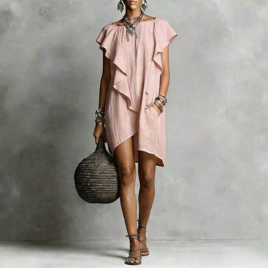 Women's Linen Blend Mini Dress, Boat Neck Ruffle Short Sleeve Asymmetrical Hem Shift Dress With Pockets, Casual Summer Outfit For Everyday & Vacation - 粉色 - 查看 1